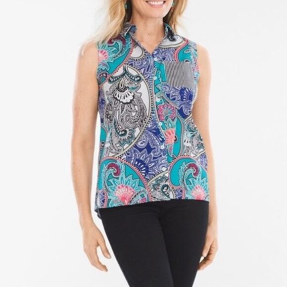 Chico's No-Iron Sleeveless Paisley and Stripes Button-Back Shirt Size 2.5 (L 14) - Picture 12 of 12